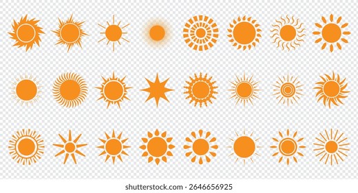 Sun icon set. Yellow sun icons. Shine sun ray set. Sunset icon collection. Yellow sun star icons. Vector illustration