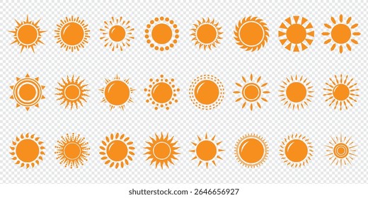Sun icon set. Yellow sun icons. Shine sun ray set. Sunset icon collection. Yellow sun star icons. Vector illustration