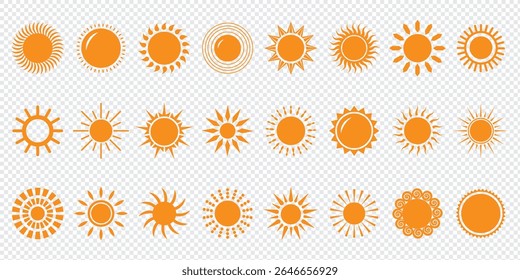 Sun icon set. Yellow sun icons. Shine sun ray set. Sunset icon collection. Yellow sun star icons. Vector illustration