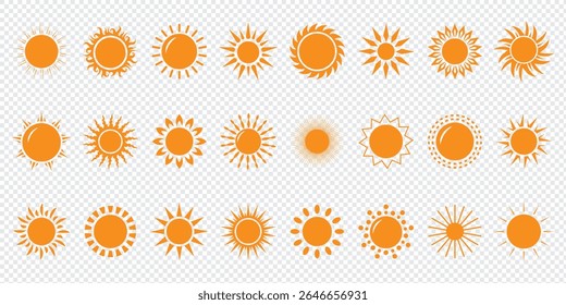 Sun icon set. Yellow sun icons. Shine sun ray set. Sunset icon collection. Yellow sun star icons. Vector illustration