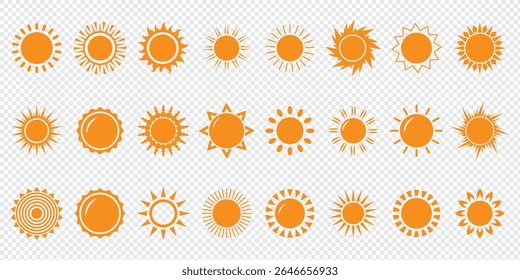 Sun icon set. Yellow sun icons. Shine sun ray set. Sunset icon collection. Yellow sun star icons. Vector illustration