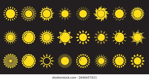 Sun icon set. Yellow sun icons. Shine sun ray set. Sunset icon collection. Yellow sun star icons. Hot solar energy for tan. Vector illustration