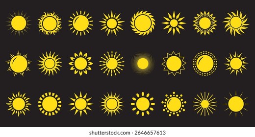 Sun icon set. Yellow sun icons. Shine sun ray set. Sunset icon collection. Yellow sun star icons. Hot solar energy for tan. Vector illustration