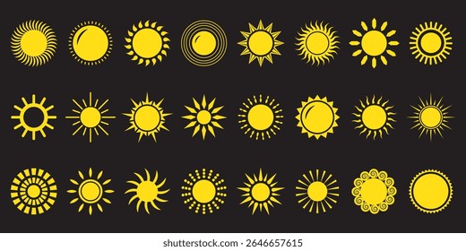 Sun icon set. Yellow sun icons. Shine sun ray set. Sunset icon collection. Yellow sun star icons. Hot solar energy for tan. Vector illustration