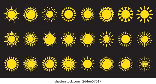 Sun icon set. Yellow sun icons. Shine sun ray set. Sunset icon collection. Yellow sun star icons. Hot solar energy for tan. Vector illustration