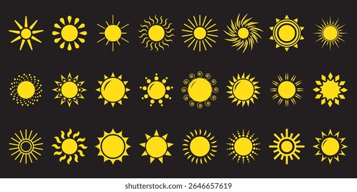 Sun icon set. Yellow sun icons. Shine sun ray set. Sunset icon collection. Yellow sun star icons. Hot solar energy for tan. Vector illustration