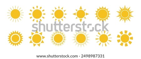 Sun icon set. Yellow sun icons. Shine sun ray set. Sunset icon collection. Yellow sun star icons. Vector illustration