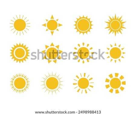 Sun icon set. Yellow sun icons. Shine sun ray set. Sunset icon collection. Yellow sun star icons. Vector illustration