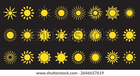 Sun icon set. Yellow sun icons. Shine sun ray set. Sunset icon collection. Yellow sun star icons. Hot solar energy for tan. Vector illustration