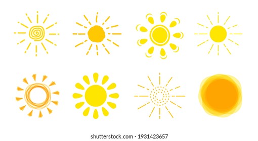 Sun icon set. Yellow sun sign collection. Summer, sunlight, nature, sky. Vector illustration isolated on white background. Funny vector doodle suns. Hand drawn set.