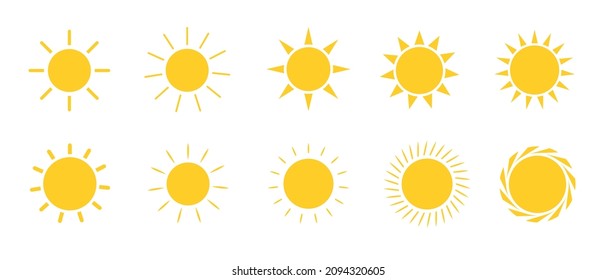 Sun-Icon-Set. Kollektion der gelben Sterne-Symbole. Sommer, Sonnenlicht, Natur, Himmel. Vektorgrafik einzeln auf weißem Hintergrund. Flache Symbole.