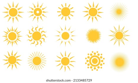 Sun icon set. Yellow sun star icons collection. Summer, sunlight, nature, sky. Vector illustration isolated on white background.