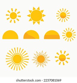 Sun icon set. Yellow sun star icons collection. Summer, sunlight, nature, sky. Vector illustration isolated on white background.