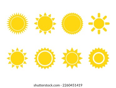 Sun icon set. Yellow sun star icons silhouette collection. Summer, sunlight, nature, weather, sky. Vector illustration isolated on white background. Yellow ray or burst of sun. 