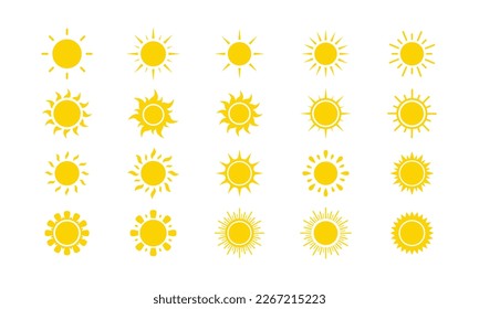 Sun icon set. Yellow sun star icons collection. Summer, sunlight, nature, sky. Vector illustration isolated on white background.