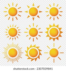 Sun icon set. Yellow sun star icons collection. Yellow suns circles. Trendy summer symbol. Vector illustration