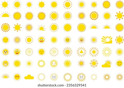 Sun icon set. Yellow sun star icons collection. Summer, sunlight, nature, sky. Vector illustration isolated on white background.