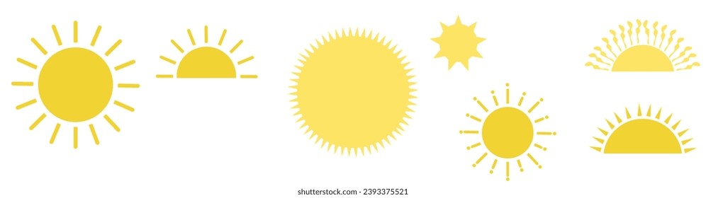 Sun icon set. Yellow sun star icons collection. Summer, sunlight, nature, sky. Vector illustration isolated on white background. Flat icons