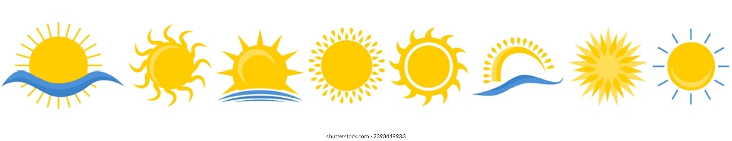 Sun icon set. Yellow sun star icons collection. Summer, sunlight, nature, sky. Vector illustration isolated on white background.