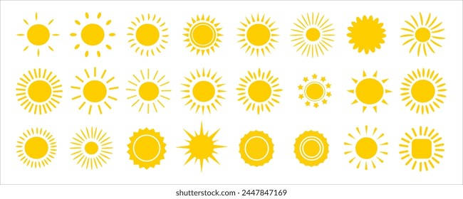 Sun icon set. Yellow sun star icons collection. Summer, sunlight, nature, sky. Vector illustration isolated on white background.