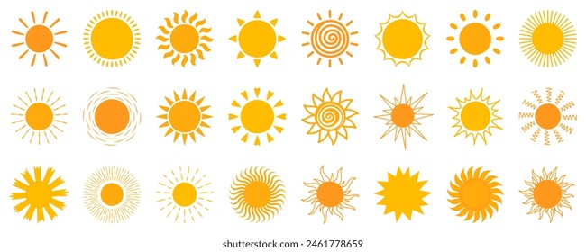 Sun icon set. Yellow sun star sunshine and solar glow, sunrise or sunset collection. Summer.  Flat Vector illustration isolated on white background