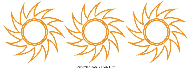 Sun icon set. Yellow sun star icons collection. Summer, sunlight, nature, sky. Vector illustration isolated on white background.