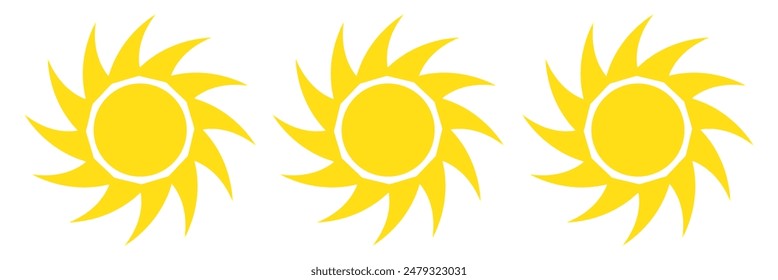 Sun-Symbol gesetzt. Gelbe Sonne Sterne Icons Kollektion. Sommer, Sonnenlicht, Natur, Himmel. Vektorillustration isoliert auf weißem Hintergrund.