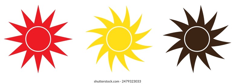 Sun icon set. Yellow sun star icons collection. Summer, sunlight, nature, sky. Vector illustration isolated on white background.