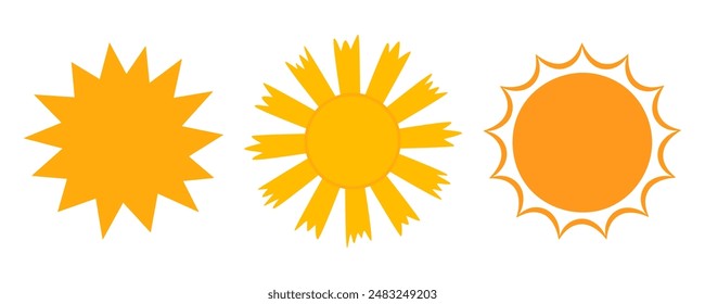 Icono de Sol activado. Sol amarillo estrella sol y resplandor solar, amanecer o puesta de sol colección. Verano. Ilustración vectorial plana aislada sobre fondo blanco