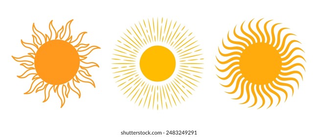 Icono de Sol activado. Sol amarillo estrella sol y resplandor solar, amanecer o puesta de sol colección. Verano. Ilustración vectorial plana aislada sobre fondo blanco