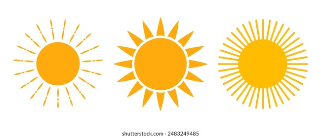 Icono de Sol activado. Sol amarillo estrella sol y resplandor solar, amanecer o puesta de sol colección. Verano. Ilustración vectorial plana aislada sobre fondo blanco