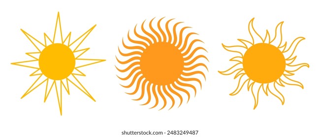 Sun icon set. Yellow sun star sunshine and solar glow, sunrise or sunset collection. Summer. Flat Vector illustration isolated on white background