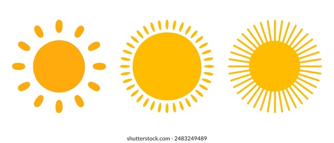 Icono de Sol activado. Sol amarillo estrella sol y resplandor solar, amanecer o puesta de sol colección. Verano. Ilustración vectorial plana aislada sobre fondo blanco