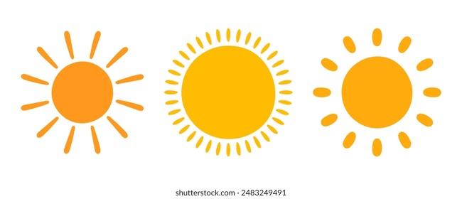 Icono de Sol activado. Sol amarillo estrella sol y resplandor solar, amanecer o puesta de sol colección. Verano. Ilustración vectorial plana aislada sobre fondo blanco