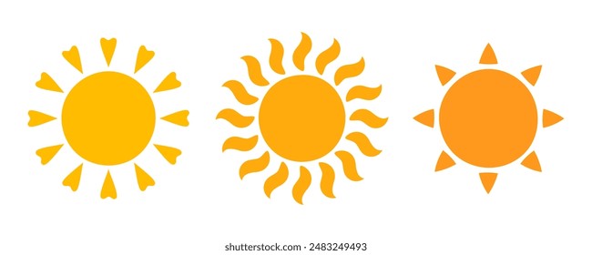 Icono de Sol activado. Sol amarillo estrella sol y resplandor solar, amanecer o puesta de sol colección. Verano. Ilustración vectorial plana aislada sobre fondo blanco