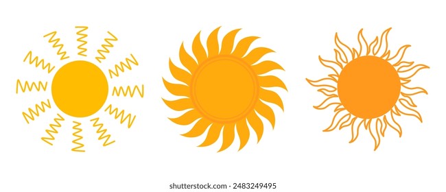 Icono de Sol activado. Sol amarillo estrella sol y resplandor solar, amanecer o puesta de sol colección. Verano. Ilustración vectorial plana aislada sobre fondo blanco