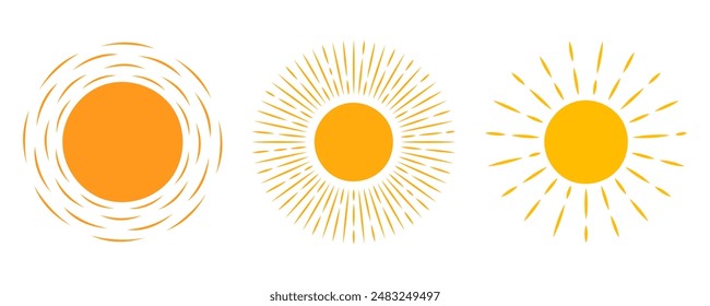 Icono de Sol activado. Sol amarillo estrella sol y resplandor solar, amanecer o puesta de sol colección. Verano. Ilustración vectorial plana aislada sobre fondo blanco