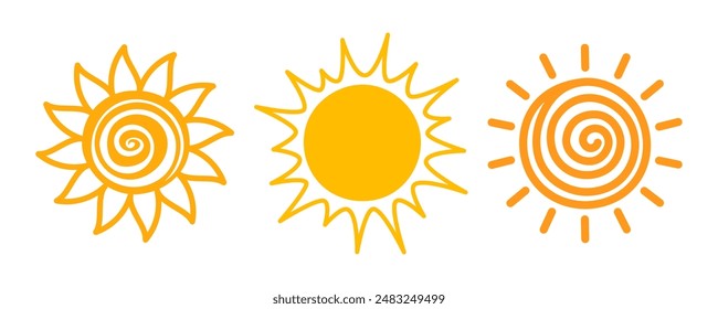 Icono de Sol activado. Sol amarillo estrella sol y resplandor solar, amanecer o puesta de sol colección. Verano. Ilustración vectorial plana aislada sobre fondo blanco