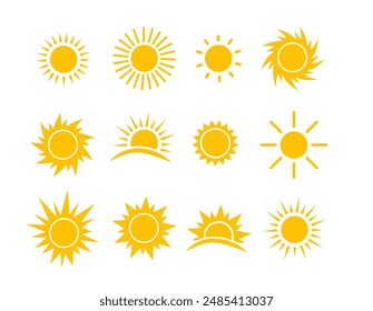 Sun icon set. Yellow sun star icons collection. Vector