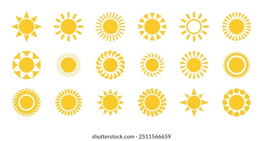 Sun icon set.  Yellow sun star icons. Shine sun ray set. Sunset icon collection. Flat modern shining symbols collection. Solar summer icon isolated. Vector illustration. 