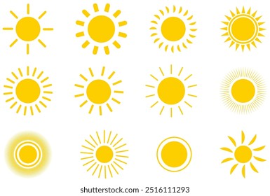 - Conjunto de ícones Sun. Coleção de ícones de estrela do sol amarela. Verão, luz do sol, natureza, céu. Ilustração vetorial isolada sobre fundo branco.