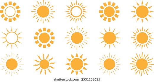 Sun icon set. Yellow sun star icons collection. Yellow simple sun. Hand drawn summer elements. Modern simple flat sunlight sign. Yellow sun icons