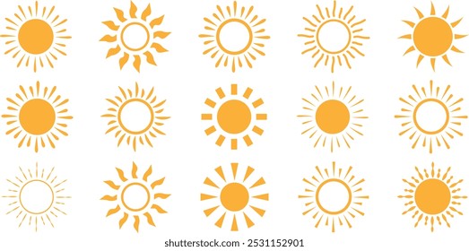 Sun icon set. Yellow sun star icons collection. Yellow simple sun. Hand drawn summer elements. Modern simple flat sunlight sign. Shine sun ray set.