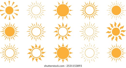 Conjunto de ícones da Sun. Coleção de ícones de estrela do sol amarela. Sol amarelo simples. Elementos de verão desenhados à mão. Sinal de luz solar simples e moderno. Ícone do Sol.