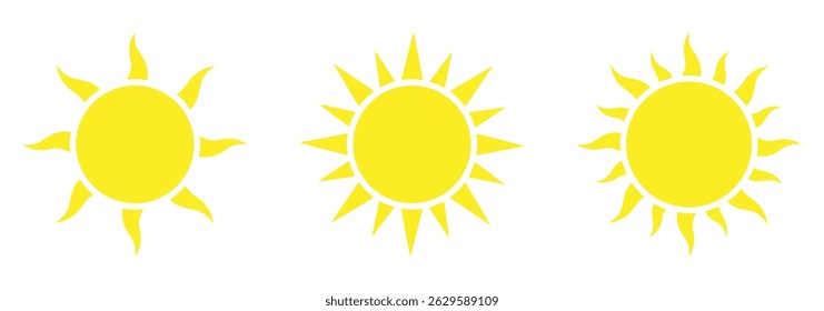 Sun icon set. Yellow sun star icons collection. Summer, sunlight, sun icon.