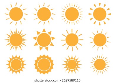 Conjunto de iconos de sol. Colección de iconos de estrella de sol amarillo. Verano, luz del sol, icono del sol.