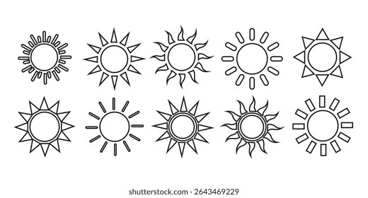 Sun icon set. Yellow sun star icons collection. Summer, sunlight, nature, sky. Vector illustration isolated on white background.