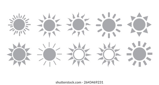 Sun icon set. Yellow sun star icons collection. Summer, sunlight, nature, sky. Vector illustration isolated on white background.