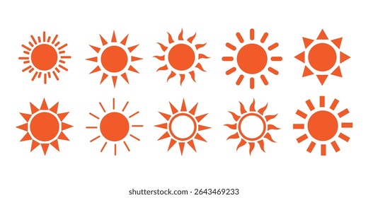 Sun icon set. Yellow sun star icons collection. Summer, sunlight, nature, sky. Vector illustration isolated on white background.