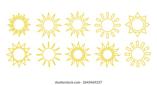 Sun icon set. Yellow sun star icons collection. Summer, sunlight, nature, sky. Vector illustration isolated on white background.